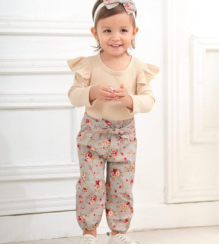 Newborn Baby Girl Clothes Ribbed Ruffle Sleeve Romper + Floral Pants + Headband Cute Infant Baby Girl Outfit 3Pcs