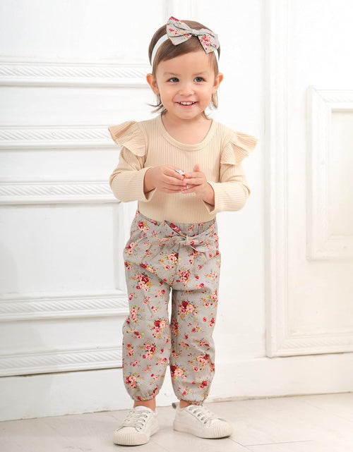 Load image into Gallery viewer, Newborn Baby Girl Clothes Ribbed Ruffle Sleeve Romper + Floral Pants + Headband Cute Infant Baby Girl Outfit 3Pcs
