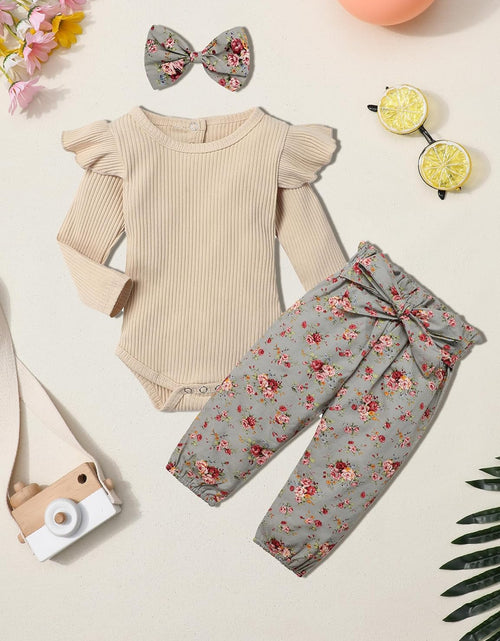 Load image into Gallery viewer, Newborn Baby Girl Clothes Ribbed Ruffle Sleeve Romper + Floral Pants + Headband Cute Infant Baby Girl Outfit 3Pcs
