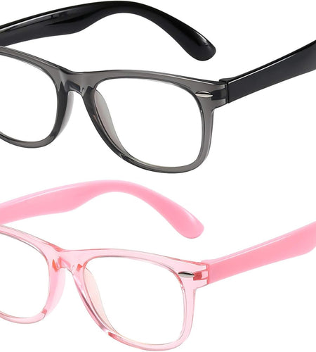 Kids Blue Light Blocking Glasses Girls Boys 2 Pack, Computer Video Gaming Glasses for Kids Girls Boys Age 3-9,Anti Blue Light & Headache (Transparent Black + Transparent Pink)
