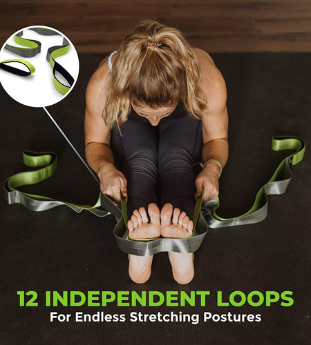 Stretching Strap, Premium Quality Multi-Loop Strap, Neoprene Padded Handles, 12 Loops, 1.5" W X 8' L