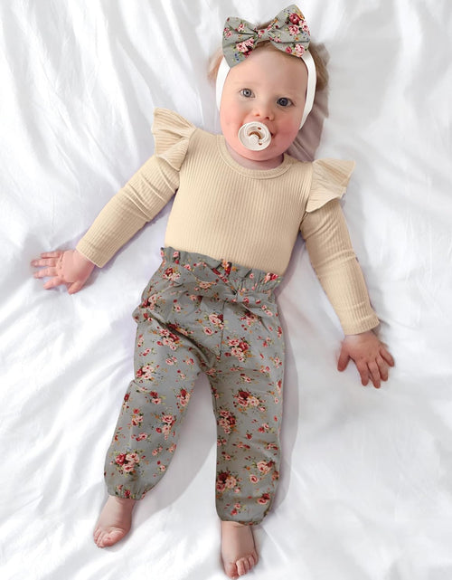 Load image into Gallery viewer, Newborn Baby Girl Clothes Ribbed Ruffle Sleeve Romper + Floral Pants + Headband Cute Infant Baby Girl Outfit 3Pcs

