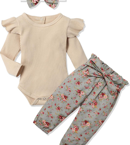 Newborn Baby Girl Clothes Ribbed Ruffle Sleeve Romper + Floral Pants + Headband Cute Infant Baby Girl Outfit 3Pcs