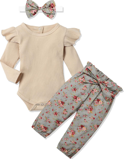 Load image into Gallery viewer, Newborn Baby Girl Clothes Ribbed Ruffle Sleeve Romper + Floral Pants + Headband Cute Infant Baby Girl Outfit 3Pcs
