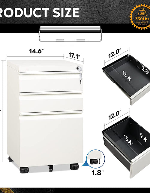 Load image into Gallery viewer, 3 Drawer Mobile File Cabinet under Desk Office, Fully Assembled except Casters, Letter/Legal Size, White
